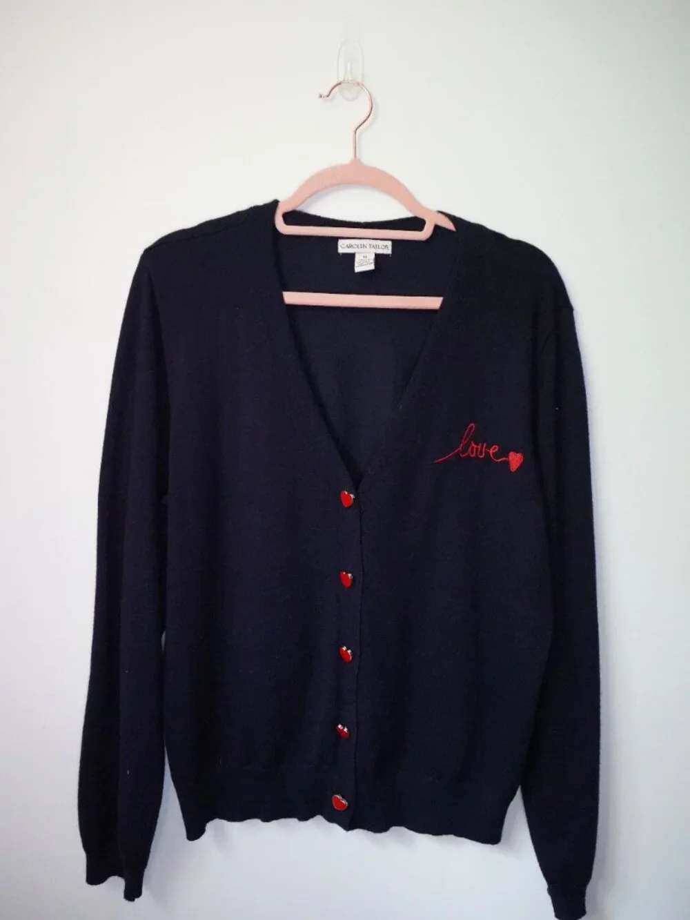 Carolyn Taylor Cardigan Navy Red Heart Embroidery & Buttons V-Neck X-Large